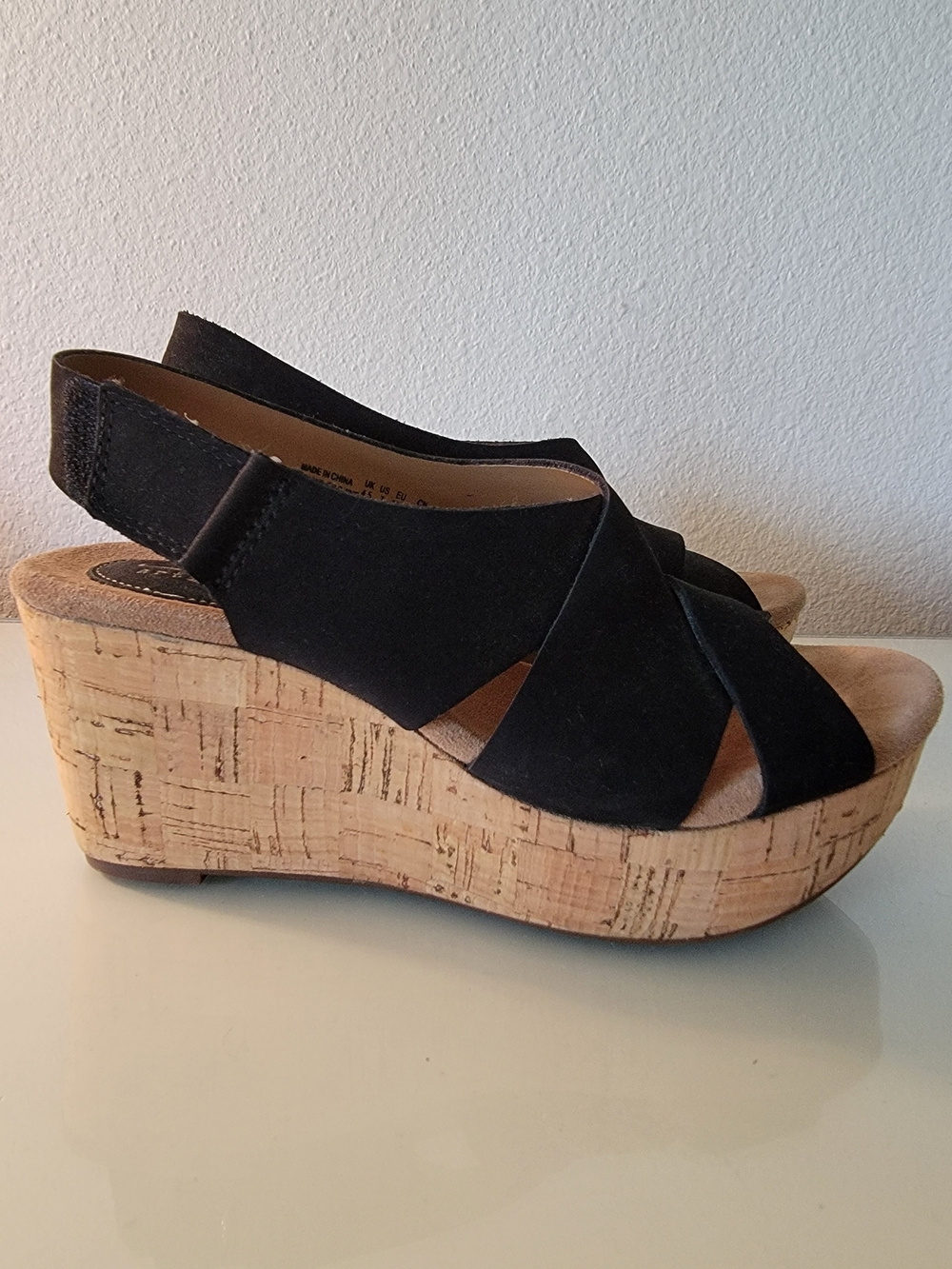 Clarks Black Suede Cork Wedge Sandals